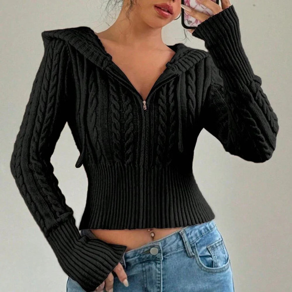 Black Casual Women's Front Zipper Long Sleeve Hooded Sweatshirt - Picture 3 of 5